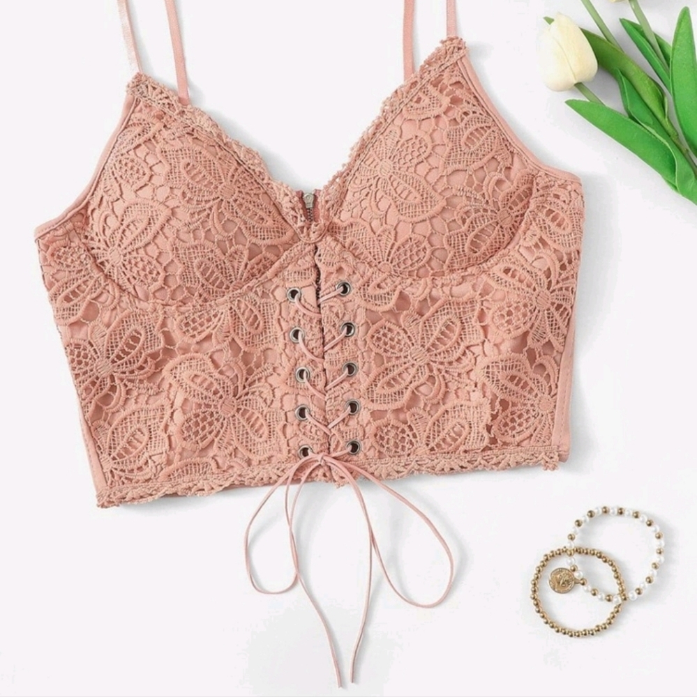 Floral crochet lace-up bustier cami top